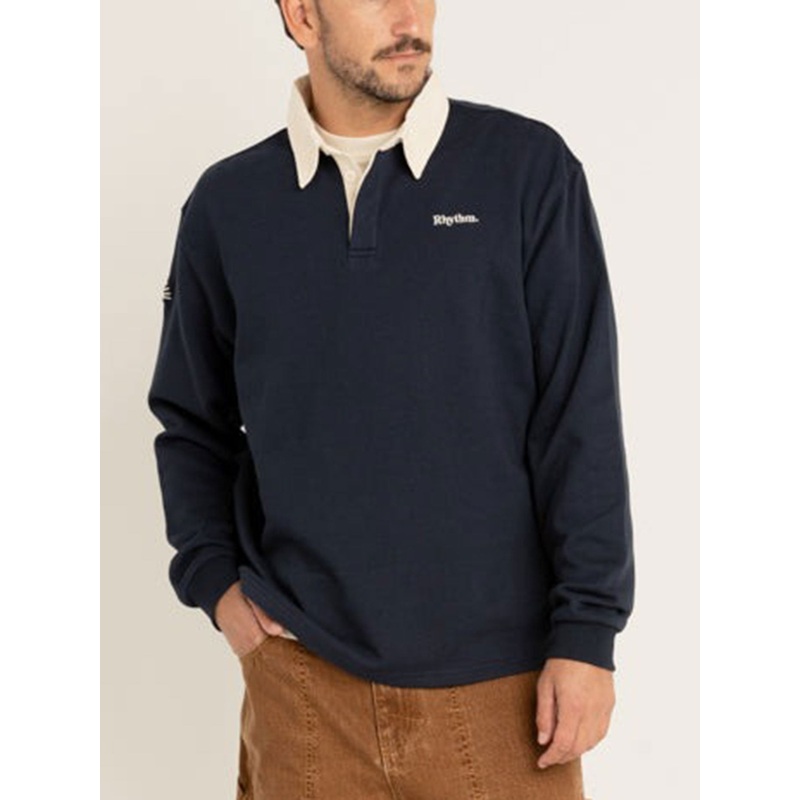 Vintage Rugby Long Sleeve Polo Shirt SM INDIGO