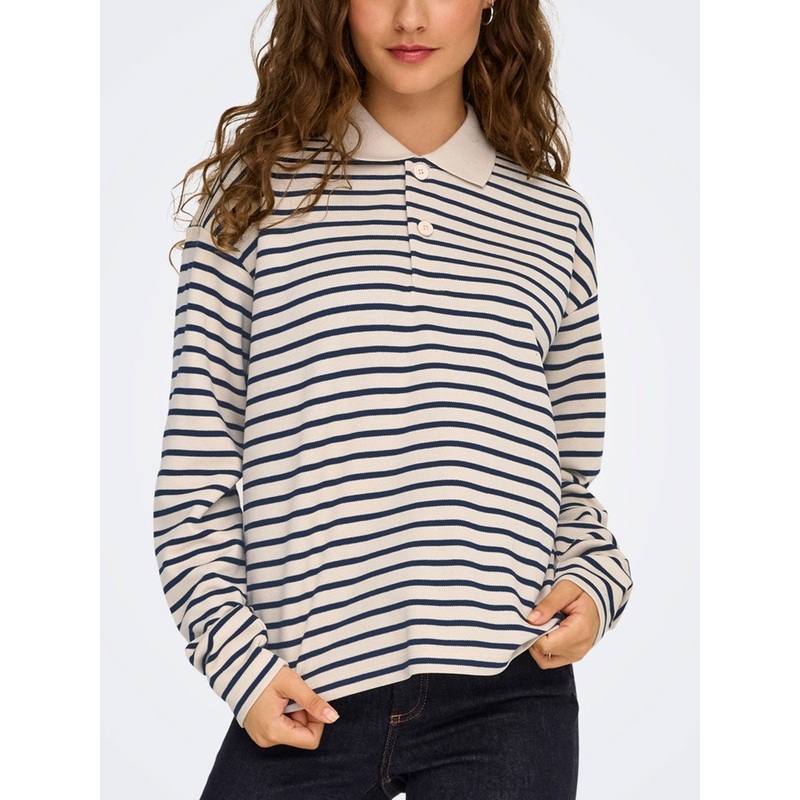 Villa Long Sleeve Polo Shirt LRG SANDSHELL STRIPE/TOTAL ECLIPSE